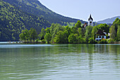 View over lake Weissensee, Fuessen, Allgaeu, Swabia, Bavaria, Germany