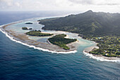 Aerial view of little Motu islands at Muri lagoon, Rarotonga, Cook Islands, South Pacific, Oceania