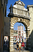 Venetian Balbi gate and clock tower in the Old Town of Rovinj, Croatian Adriatic Sea, Istria, Croatia, Europe