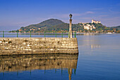 View over the lake to fort Rocca di Angera, Lago Maggiore, Piedmont, Italy, Europe