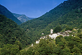 Mountain village Corippo under blue sky, Valle Verzasca, Ticino, Switzerland, Europe