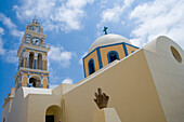 Steeple under clouded sky, Fira, Santorini, Greece, Europe