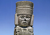 Toltec warrior statue in Tula pre-Columbian archaeological site. Hidalgo, Mexico