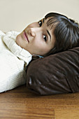 woman listening to musica at home