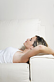 Woman, resting, book, home, happy, leisure, lie down