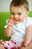 Baby (8 Monate) mit Zahnbürste, Wien, Österreich
