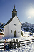 Chapel in a Winter landscape, sledge, Winter, Sella, Seiseralm, Dolomites, South Tyrol, Italy