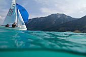 Zwei Männer auf einem Segelboot auf dem Achensee, Tirol, Österreich, Europa
