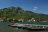 Boat hire and wooden pier at lake Tegernsee, Upper Bavaria, Bavaria, Germany