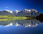 Reflection of Karwendel range on Lake Schmalensee, Bavaria, Germany