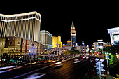Street and illuminated buildings at night, Las Vegas, Nevada, North America, America