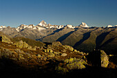 Blick auf die schneebedeckten Berner Alpen im Sonnenlicht, Val Bedretto, Tessin, Schweiz, Europa