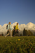 Couple hiking, Rosengarten group, Dolomites, Trentino-Alto Adige/Südtirol, Italy