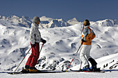 Skiers on slope, Fugen, Zillertal, Tyrol, Austria