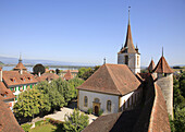 church and citywall of Murten,  Morat,  canton of Fribourg,  Switzerland