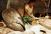 Tuna at La Boqueria market, Barcelona. Catalonia, Spain