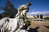 Bizarre mythic statue, half woman and half beast, in the formal gardens of the Palacio Nacional de Queluz. The Queluz Palace, an example of the rococo in Portugal, was constructed between 1747 and 1787. Queluz, Portugal