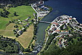 Norway, Aurlandsfjorden, Aurland town, aerial view