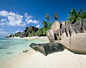 Tropical beach scene with granite rocks, Anse Source D'Argent, La Digue, Seychelles