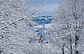 Cityscape with St. Ulrich church in winter, Schlettau, Ore mountains, Saxony, Germany