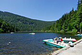 Pedal boats on Great Arber Lake, Bavarian Forest National Park, Lower Bavaria, Bavaria, Germany