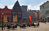 Markt (market place) with old houses and open air cafés in Minden, Straße der Weserrenaissance, North Rhine-Westphalia, Germany, Europe