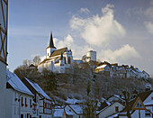 Church and Reifferscheid castle, Hellenthal, North Rhine-Westphalia, Germany