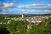 View over the town and castle surrounded by trees, Richmond, Yorkshire, UK, England