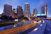 Esplanade Gardens and Museum of Modern Art at Yerba Buena Gardens at dusk, San Francisco, California, USA