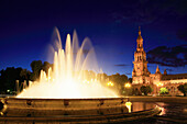 Plaza de Espana, fountain at night, Seville, Andalucia, Spain