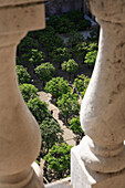 View over terrace through balustrade of the Giralda tower, Seville, Andalucia, Spain