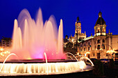 Plaza Ayuntamiento, fountain and town hall at night, Valencia, Valencia Region, Spain