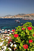 View over flowers and sea to distant Castle of St Peter, Bodrum, Aegean, Turkey