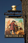 Old Custom House pub sign, Padstow, Cornwall, UK, England