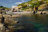 View of fishing boats on beach, Cadgwith Cove, Cornwall, UK, England