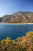 View over Blue Lagoon to beach and mountains, Oludeniz, Mediterranean, Turkey