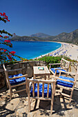 Beach scene, overview from restaurant terrace, Oludeniz, Mediterranean, Turkey