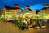 Cafe in the Old Town Square at night, Warsaw, Poland