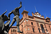 Bullring, Plaza Monumental de las Ventas with bullfight statue, Madrid, Spain