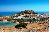 Vew of Lindos town and hilltop acropolis, Lindos, Rhodes Island, Greek Islands