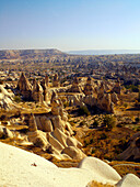 View over rock formations, fairy chimneys, Goreme, Cappadocia, Turkey