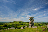 Bowermans Nose rock column and rural scenery, Dartmoor National Park, Devon, UK, England