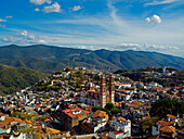 View over town with Santa Prisca church, Taxco, Guerrero State, Mexico