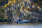 Männer fischen unter einer Zeder bei Attakapas Landing im Lake Verret, bei Pierre Part, Louisiana, Vereinigte Staaten, USA