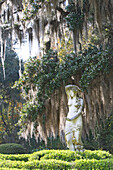 Statue und alte mit spanischem Moss bewachsenen Eichen in Afton Villa Gardens, St. Francisville, Louisiana, Vereinigte Staaten, USA