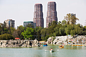Chapultepec lake in Chapultepec park, with the Residencial del Bosque towers one and two by Cesar Pelli in the background, Mexico City, Mexico D.F., Mexico
