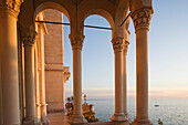 Arcade and terrace of Miramare castle, Trieste, Friuli-Venezia Giulia, Upper Italy, Italy