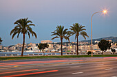 Uferpromenade Avinguda Gabriel Roca in der Morgendämmerung, Palma de Mallorca, Mallorca, Balearen, Mittelmeer, Spanien, Europa