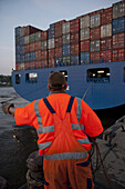 Line handler at container terminal, Port of Hamburg, Germany