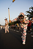 Devils masks at the carnival parade, Los Diabletes, Gran Coso de Carnaval, Costa Teguise, Lanzarote, Canary Islands, Spain, Europe